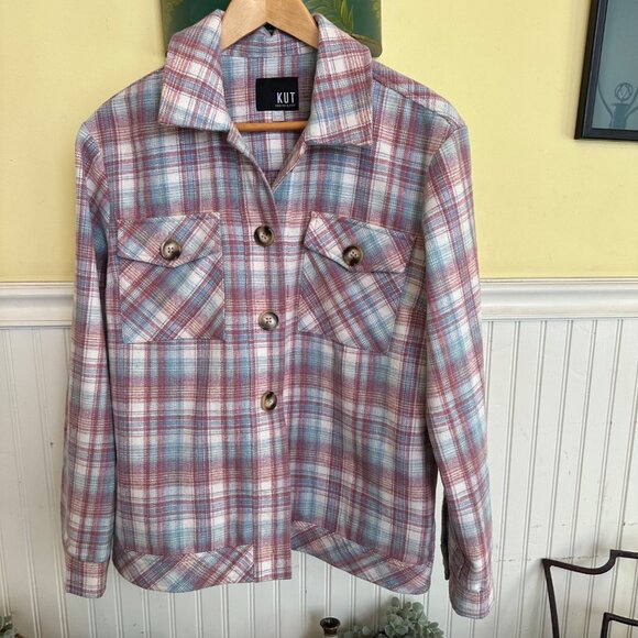 Kut from the Cloth M Flannel Button Down light jacket weight pink white shirt - Picture 1 of 6